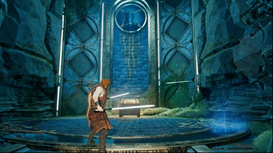 A large blue room houses a figure and a chest containing the Jedi Survivor Santari Khri Lightsaber