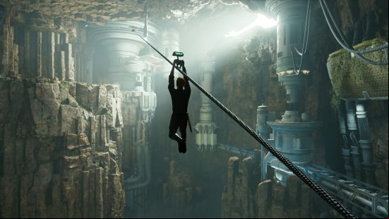 Cal Kestis uses the Star Wars Jedi Survivor traversal abilities to ride a zip line
