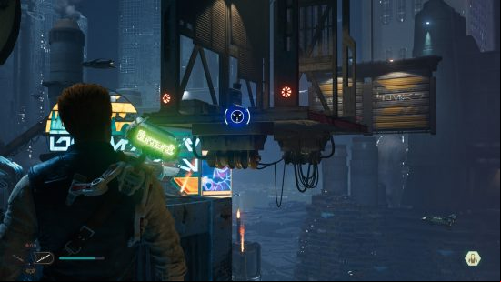 Cal Kestis uses the Star Wars Jedi Survivor traversal abilities to look for a grapple spot