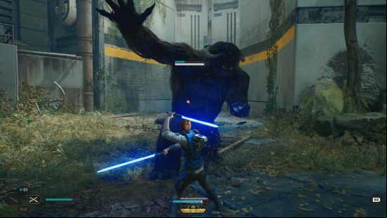 Star Wars Jedi: Survivor: a Jedi engages in combat with a huge furry beast.