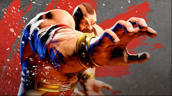 Zangief standing in front of a red and grey background with his right arm stretched out