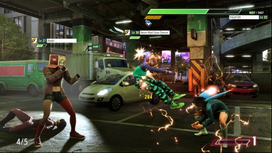 A created character is being attacked by five Mad Gear goons wearing boxes on their heads in Street Fighter 6 World Tour preview.