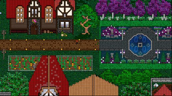 Terraria Stardew Valley build - a player walks through town streets between tall buildings and a pumpkin patch as they approach a paved fountain area