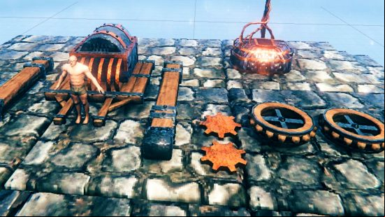 Valheim vehicle tease - an image shared by developer Robin 'Grimmcore' Eyre featuring a reinforced cart, two lumber beams, two cogs, two wheels, and an Obliterator furnace