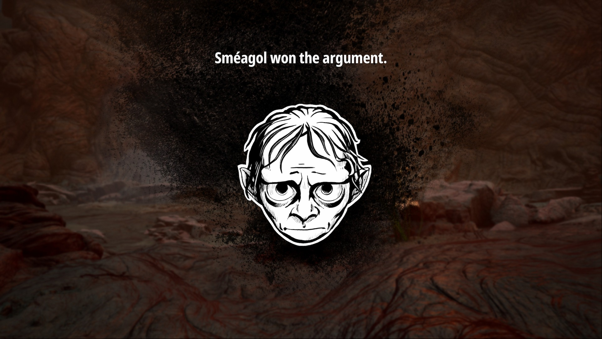 A screenshot from The Lord of the Rings Gollum depicting Smeagol having won an argument