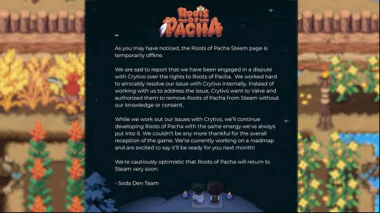 Message from Roots of Pacha developers describing why the game has been removed from Steam