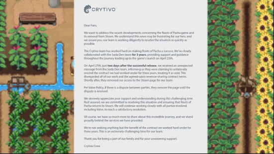 Roots of Pacha publisher Crytivo's response to developers' Tweet about why the game was removed from Steam