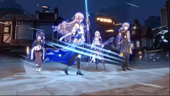 Best Honkai Star Rail Bronya build - Bronya is gathering a magical snow storm to execute an attack while Pela, Trailblazer (Physical) and Serval watch.