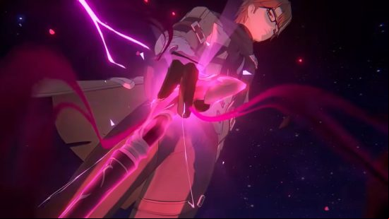 Best Welt Honkai Star Rail build: the camera looks up Welt at an angle, as purple energy bursts from his staff.