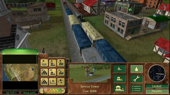 Freight carriages in a town in one of the best train games, Railroad Tycoon 3.