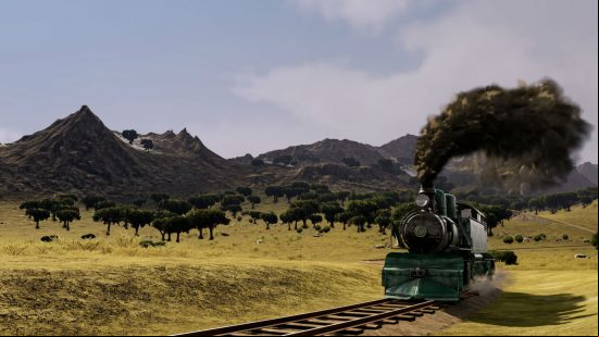 A steam train rolls through the foothills in one of the best train games, Railway Empire.