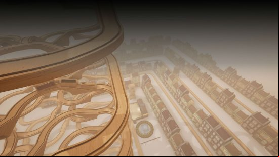 A spiralling wooden train track in one of the best train games, Tracks: The Toy Train Set Game.