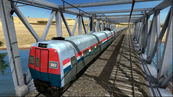 A Dutch train makes its way over a bridge in one of the best train games, Train Fever.