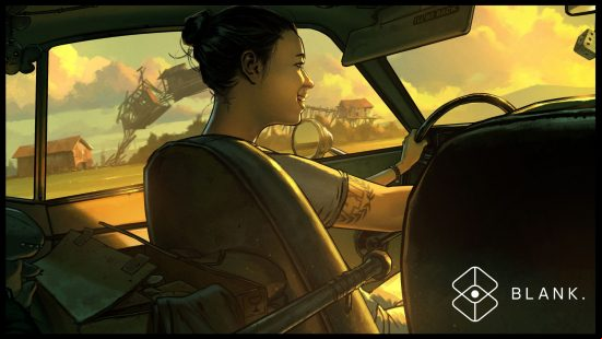 Ex Witcher and Cyberpunk devs making an apocalypse game with a "twist": concept art of a woman driving a car, with destruction in the background