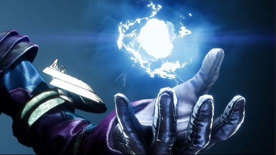 Destiny 2 Vesper of Radius diabled due to monstrous mega-explosions: A Warlock's hand holds Arc power in Destiny 2.
