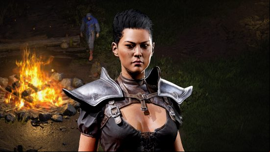 Diablo 2 Resurrected - the Assassin class, wearing leather armour and metal shoulder plates, stands by a large fire pit