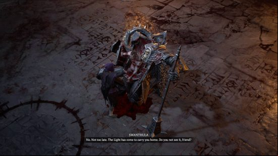A dying knight in an iron maiden-style armour covered in blood as a woman bends in front of him, offering him to the light