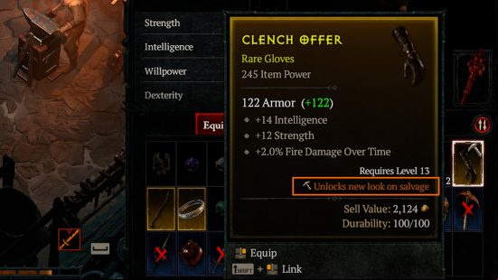 An item description appears in the in-game UI, with the words "unlocks new look on salvage" highlighted, for Diablo 4 salvage information.