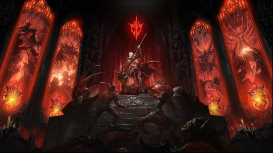 An armored woman with white hair stands in a red lit chapel stabbing a demon with a polearm on a plinth as others rush towards her