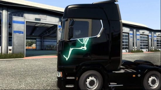 ETS2 mods make it possible to drive a large black truck with neon green skeleton decals