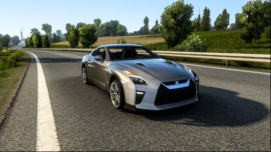 ETS2 mods make it possible to drive a grey Nissan GTR around.