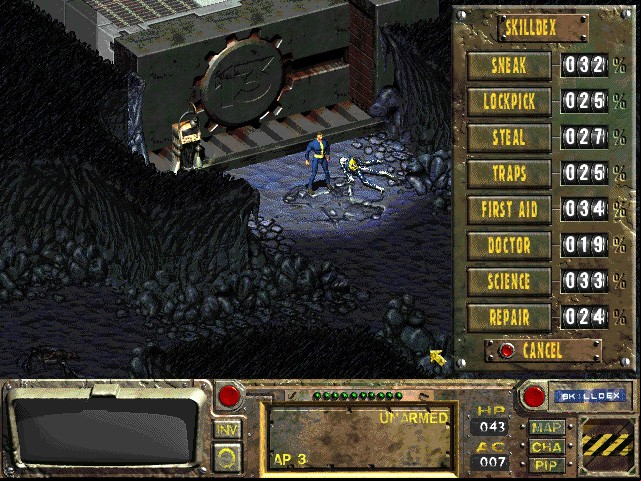 Fallout's original names were, erm, interesting: A person in a blue jumpsuit stands outside a nuclear bunker in RPG game Fallout