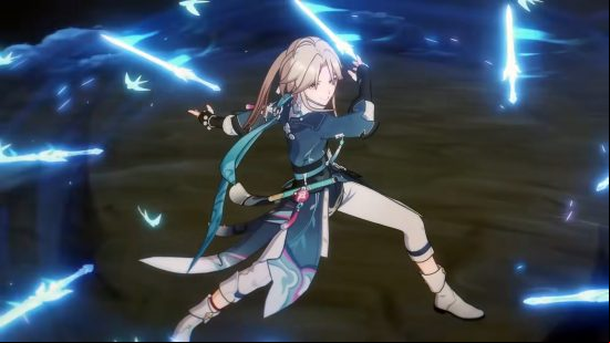 Yanqing standing with his legs stretched as bright blue swords surround him in a circle