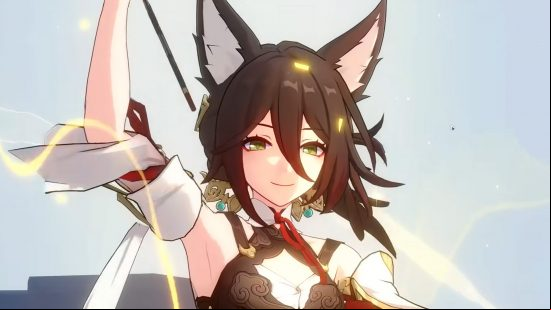 Tingyun with her arm outstretched standing in golden light