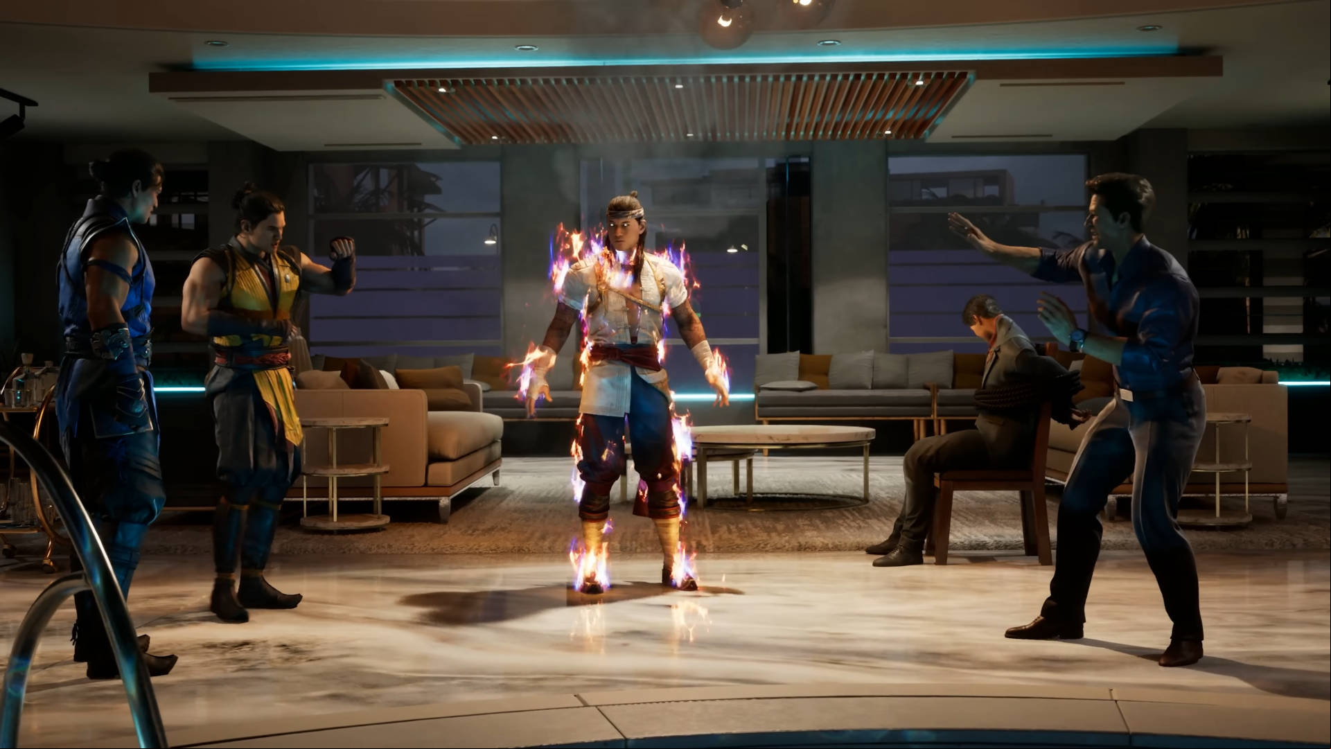Mortal Kombat 1 release date: Liu Kang is standing in a penthouse suite smouldering. Scorpion bows while others stand in awe.
