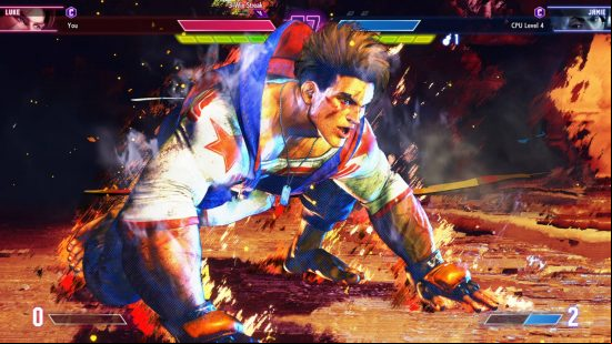 Street Fighter 6 Luke is about to use his level 3 super art on his opponent. He is about to make a sprinting start.