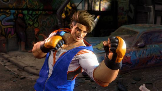 Street Fighter 6 Luke is putting up his fists, covered in yellow sparring gloves.