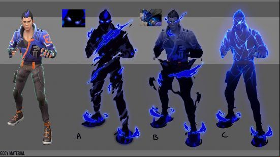 Valorant Yoru rework - concept art showing the character's design and the various black and blue mirror image forms he's used.