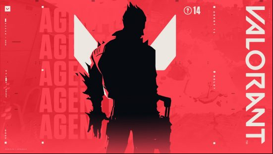 Valorant agent Yoru - a black silhouette of the spiky-haired character from the back, against a red background featuring the Valorant logo.