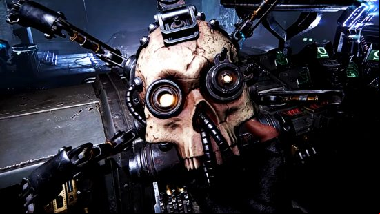Warhammer Darktide patch - a skull with numerous mechanical parts attached