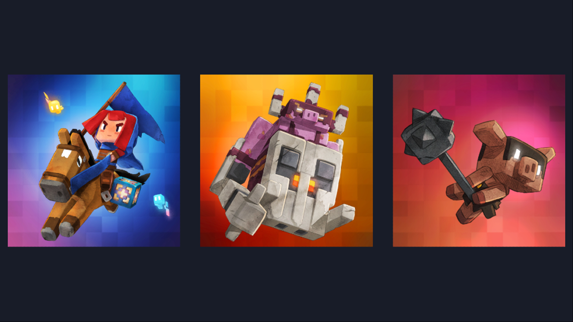 Thee icon images. The first one shows a girl riding a horse, the second one shows a pig-man, and the third shows a pig-like creature holding a spiked mace.