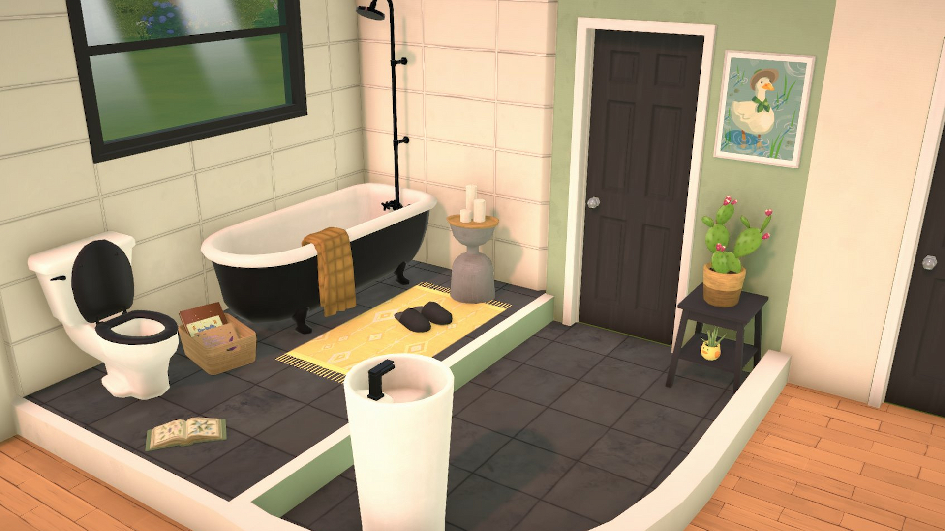 An image of a bathroom from Paralives, featuring a black door, black-tiled flooring, a black and white bathtub, a white sink with a black faucet, and a toilet