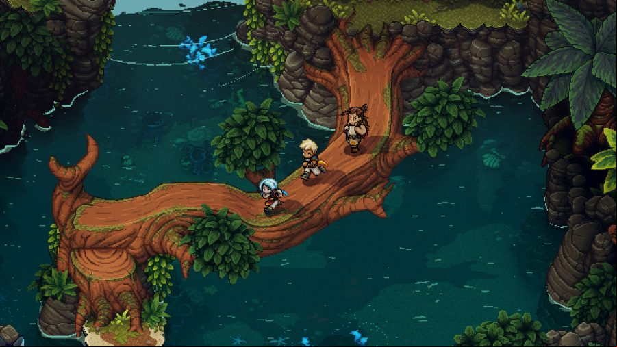 Thee characters walking across a fallen tree above a river