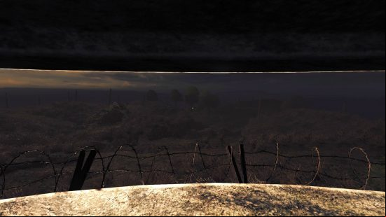 The view from a WWI pillbow with barbed wire in front of it