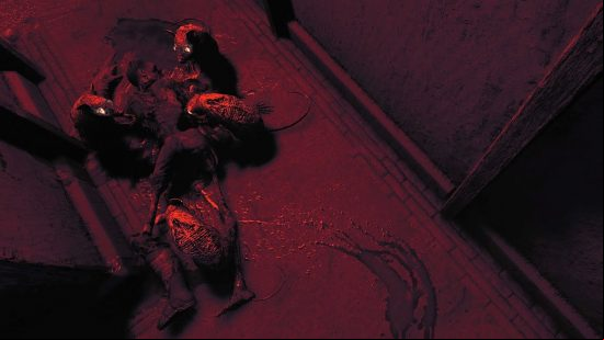 Rats with glowing eyes eating a dead body in an underground bunker setting