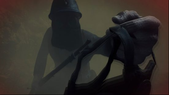 A man in a World War I helmet hands the camera a gas mask amid green smog