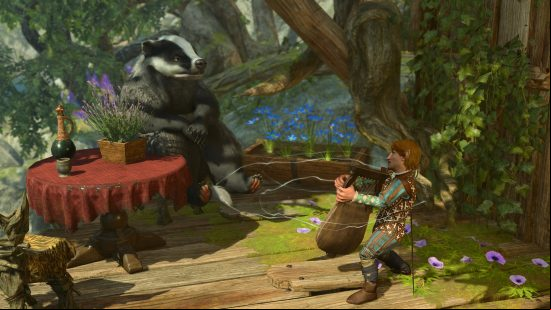 Baldur's Gate 3: a small humanoid plays the lyre for a large badger.