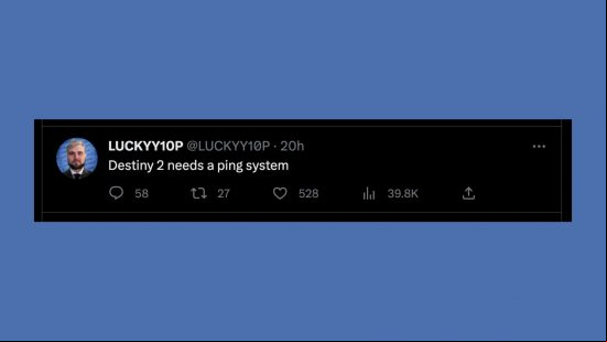 A Destiny 2 ping system would sure solve a lot of problems right now: Luckyy10P, a Destiny 2 YouTuber, tweets "Destiny 2 needs a ping system" on June 1.