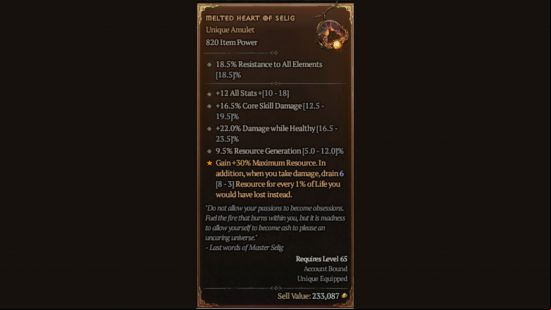 Diablo 4 melted heart of selig stats page