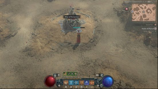 A woman in red and gold armor casting a spell at an Altar of Extraction in a desert area