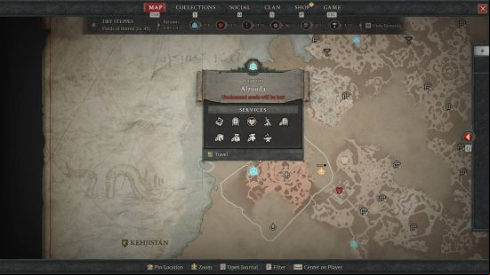 The Diablo4 map showing the location of PvP area Alzuuda