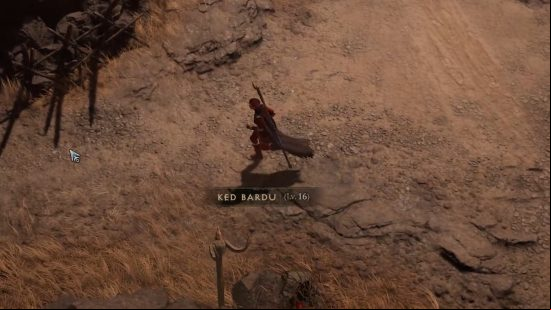 Diablo 4 scaling: A sorcerer runs through Ken Bardu, which is a level 16 area in the main campaign, shown in the text on screen.