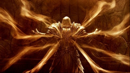 Diablo Immortal Destruction's Wake patch notes - an angel with their back to camera, arms and wings spread.