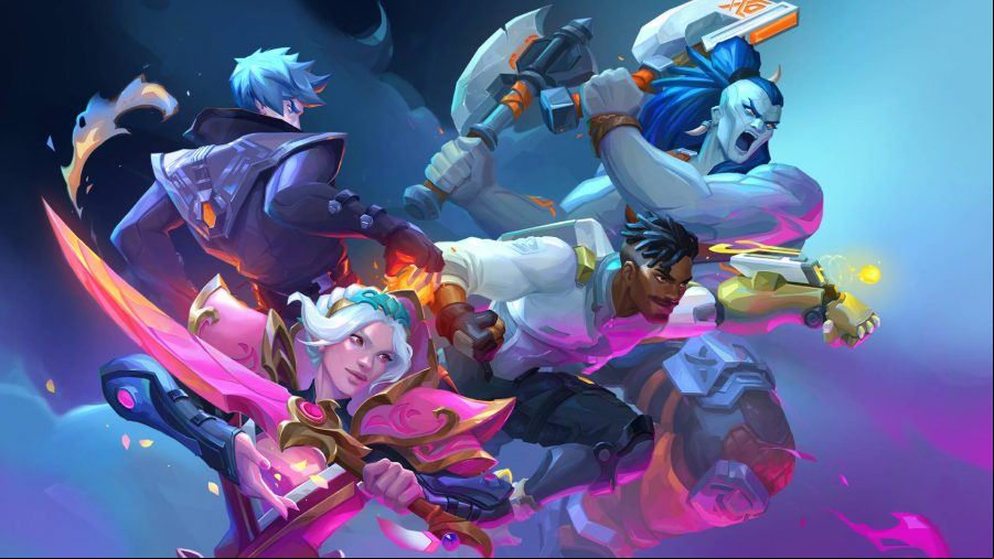 Evercore Heroes: A collection of four fantasy characters charging into battle from the left hand side