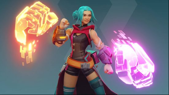 Blink is one of the many Evercore Heroes characters of the damage class. She is wearing a brown sleeveless jacket with red cape and two ethereal firsts appear near her.