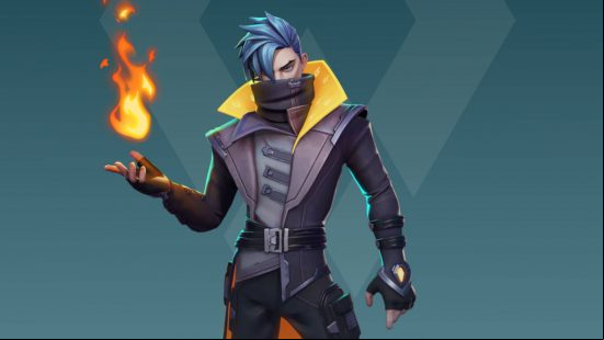 Cynder is one of the Evercore Heroes characters in the damage category, with a purple jacket with a yellow collar. His hand is producing a flame.